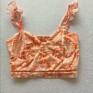 Kendall & Kylie Orange and Cream Floral Ruffle-strap Crop Top